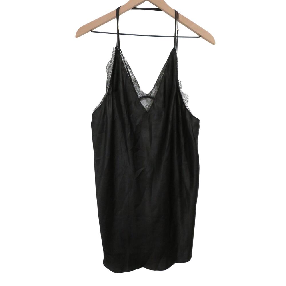 Victoria's Secret Women Sz XL Black Satin Slip Dress Lace Trim Silky Boudoir